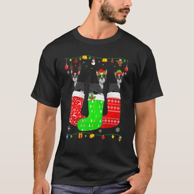 Camiseta Três Boston Terrier em Meias de Natal que coincide (Frente)