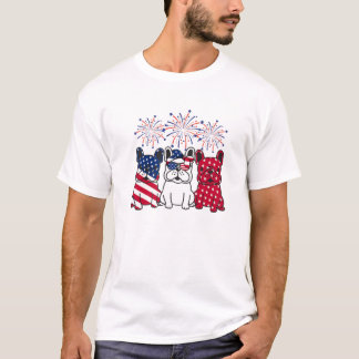 Camiseta Três Bulldog American Flag Fireworks 4 De Julho