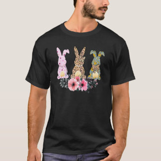 Camiseta Três Bunnies com Páscoa de Flor-Leopardo Arco