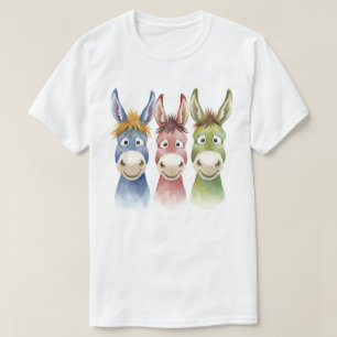 Camiseta Três Burros de Desenho Animado Coloridos em Estilo