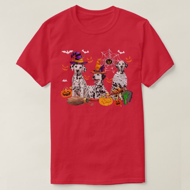 Camiseta Três Cães Dalmáticos Bruxa de Halloween Mummy Scar (Frente do Design)