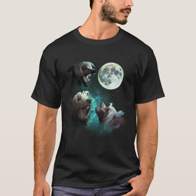 Camiseta Três Cães Deitados Chineses Uivos Na Lua 3 Wolf Wo (Frente)