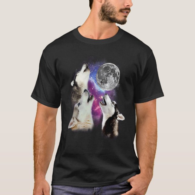 Camiseta Três cães Husky Siberiano uivam para a Lua (Frente)