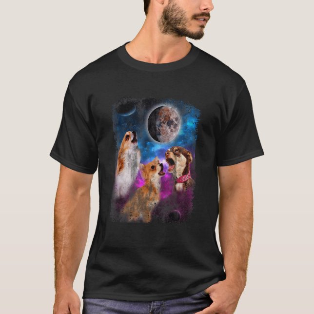 Camiseta Três Chihuahuas Cachorros Uivam Para a Lua 3 Cães  (Frente)