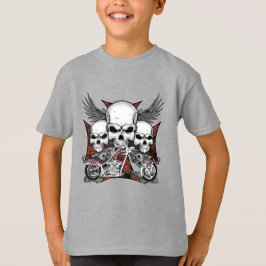 Camiseta Três crânios com o garoto de motocicleta vermelho
