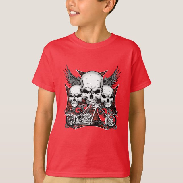 Camiseta Três crânios com o garoto de motocicleta vermelho  (Frente)
