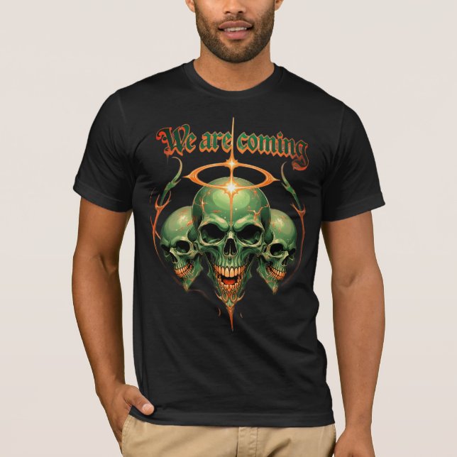 Camiseta Três crânios verdes com Halo Ouro e Exp feroz (Frente)
