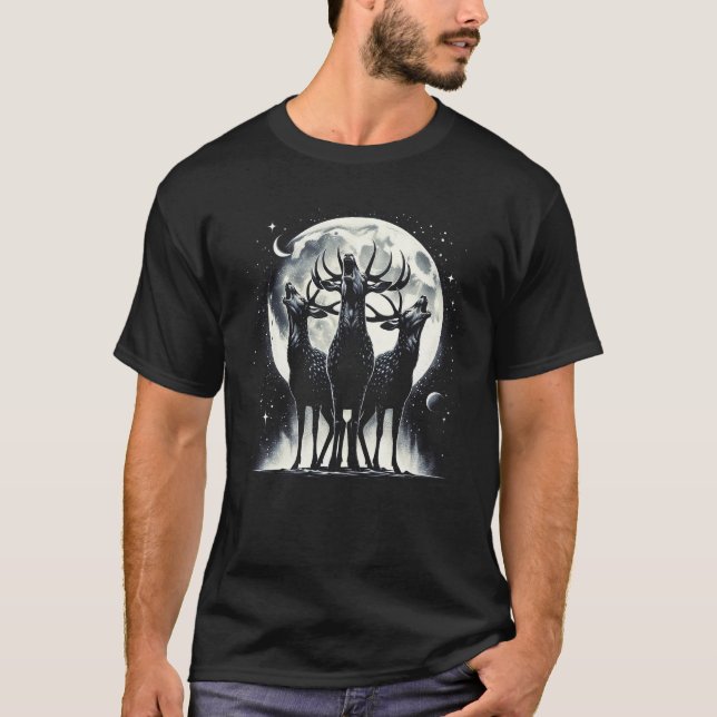 Camiseta Três Deers Givando na Lua Como Três Lobos (Frente)