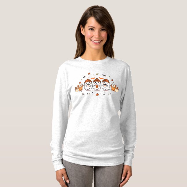 Camiseta Três Fantasmas Fofos Bebem Café (Frente Completa)