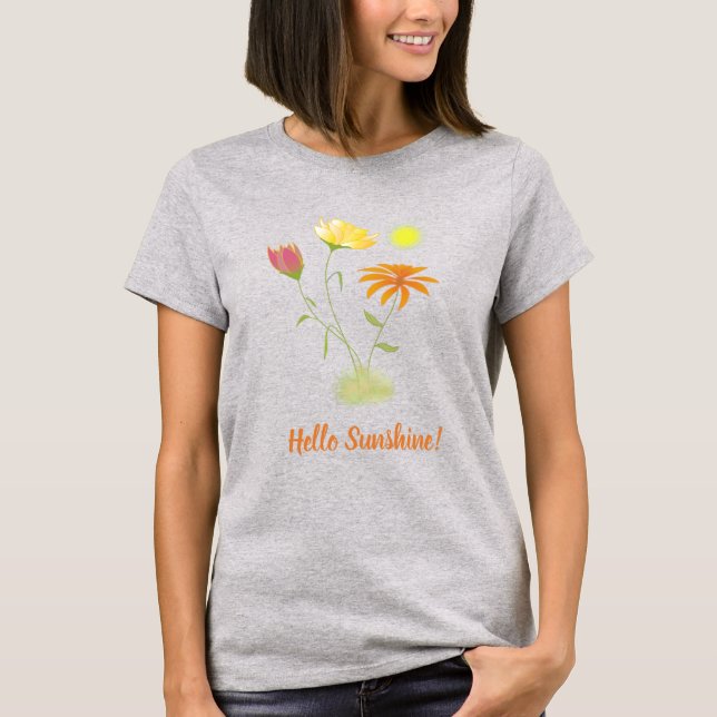 Camiseta Três Flores no Sol - transparente + texto. (Frente)