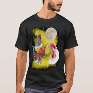 Camiseta Três galinhas galo lunar cantando para a lua galin