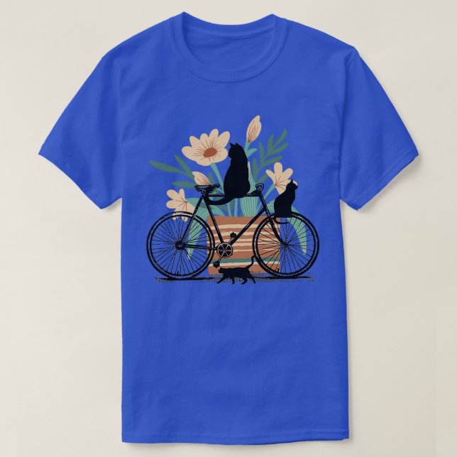 Camiseta Três Gatos Pretos, Bicicleta e Pote com Flores (Frente do Design)