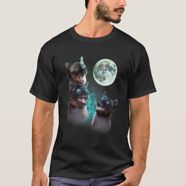 Camiseta Três Gatos Siameses Uivam Para A Lua Funny Hallowe (Frente)