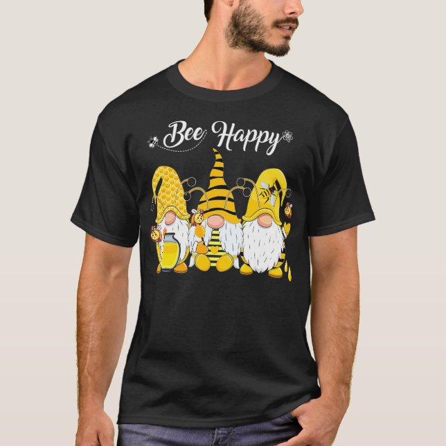 Camiseta Três Gnomos segurando mel Abelha Feliz Gnomo Spr (Frente)