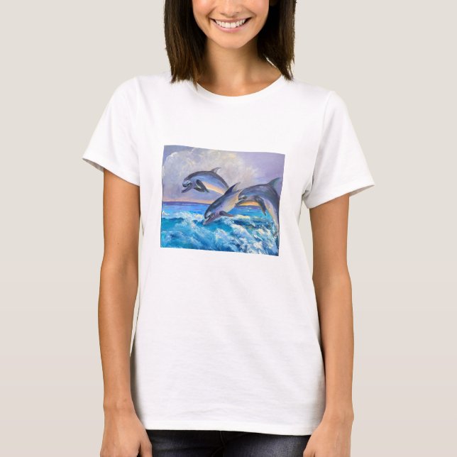 Camiseta Três Golfinhos Felizes Pulando Arte (Frente)