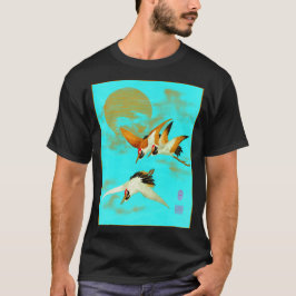 Camiseta Três guindastes sarus voando em frente à lua