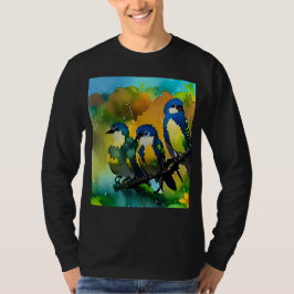 Camiseta Três Lindos Pássaros Coloridos na Chuva Arte em Aq