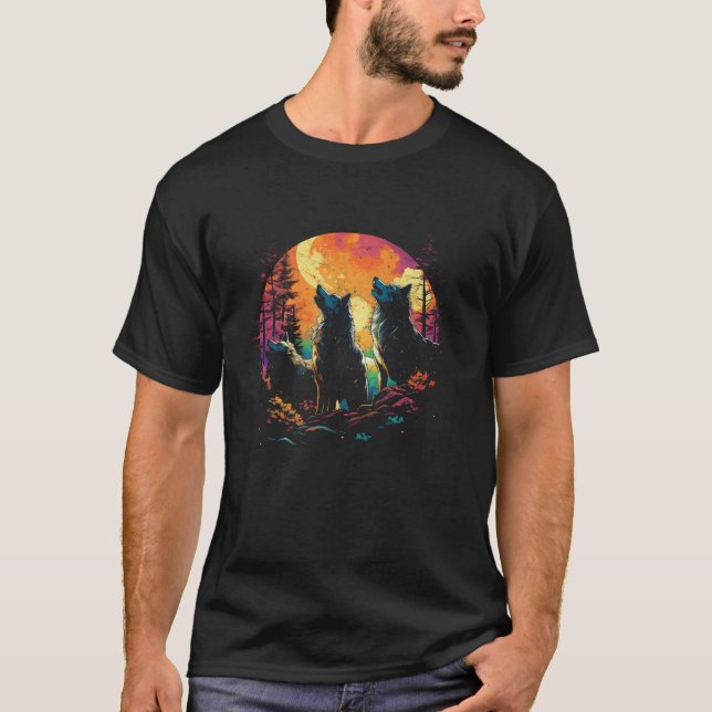 Camiseta Três lobos vomitando na lua Kawaii Wi (Frente)
