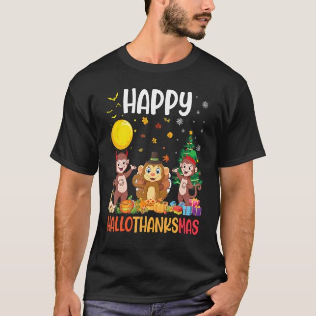 Camiseta Três Macacos Dabbing Dancing Juntos Feliz Hallot (Frente)