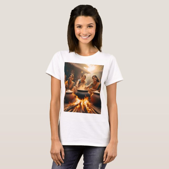 Camiseta três mulheres sentadas em volta de um incêndio com (Frente Completa)