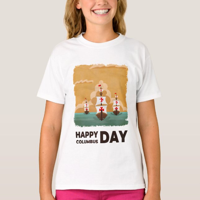 Camiseta Três Navios Feliz Dia Colombo (Frente)