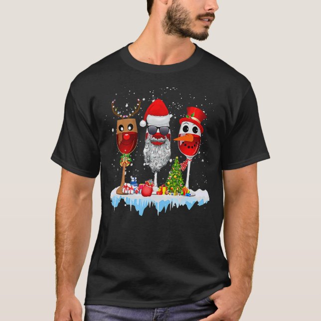 Camiseta Três Óculos de Vinho Papai Noel Natal Engraçado Vi (Frente)