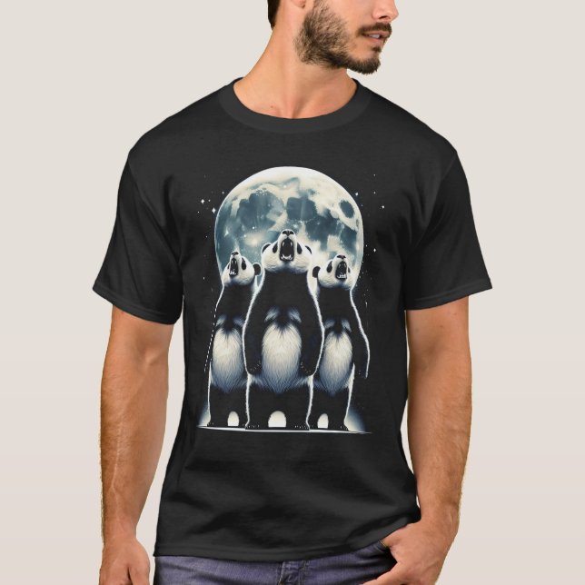 Camiseta Três Pandas Howling na Lua como três lobos (Frente)