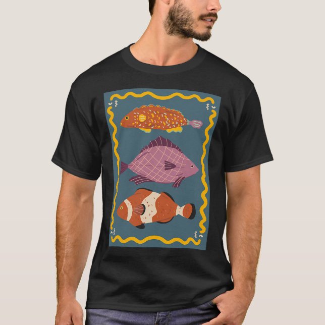 Camiseta Três peixes fofos - fundo azul (Frente)