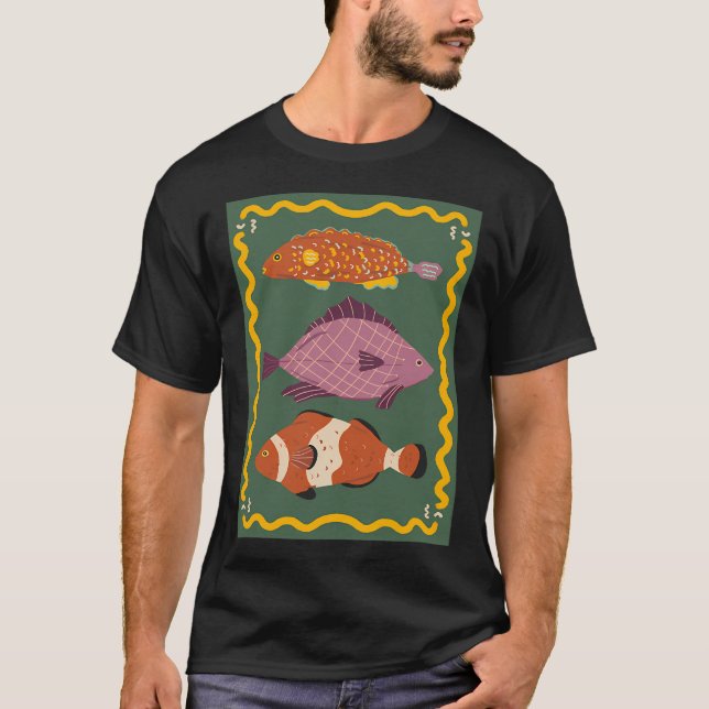 Camiseta Três peixes fofos - fundo verde (Frente)