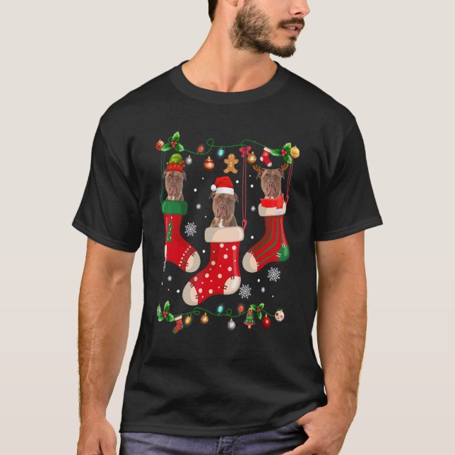 Camiseta Três Pitbull em Papais noeis de Natal X mas Cão (Frente)