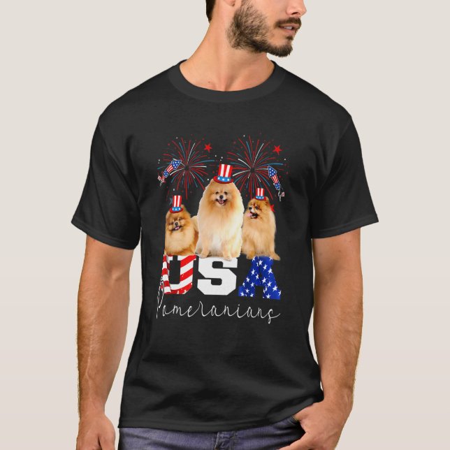 Camiseta Três Pomeranianos Americanos Vestindo Hat American (Frente)