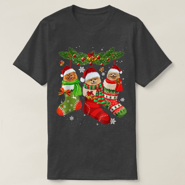 Camiseta Três Pomeranianos Em Papais noeis De Natal De Papo (Frente do Design)