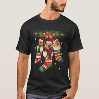 Camiseta Três Pomeranianos Em Sock Christmas Santa Hat X-Ma