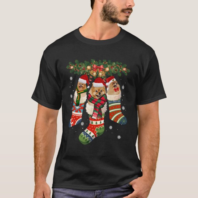 Camiseta Três Pomeranianos Em Sock Christmas Santa Hat X-Ma (Frente)
