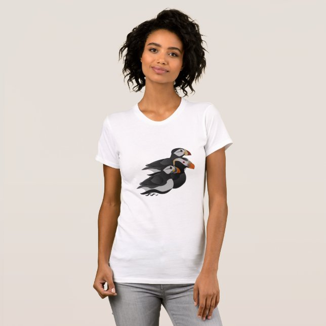 Camiseta Três Puffins Adoravelmente Amáveis Nadando Cartoon (Frente Completa)
