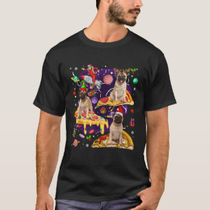 Camiseta Três Pugs Duendes Rena de Papai Noel Andando em Pi