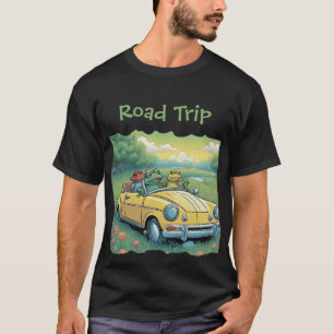 Camiseta Três sapos em um carro amarelo passeiam por um cam
