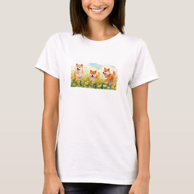 Camiseta três shiba inus e dandelions (Frente)