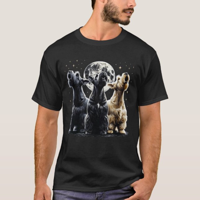 Camiseta Três Terriers Escoceses Gritando na Lua Como (Frente)
