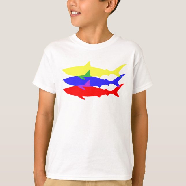 Camiseta Três tubarões coloridos (Frente)