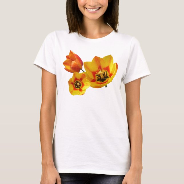 Camiseta Três Tulipas Amarelas e Laranja Círculo Superior T (Frente)