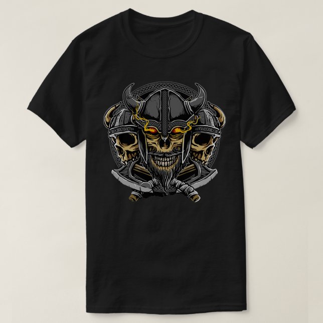 Camiseta Três Vikings blindadas com Axes Classic TShi (Frente do Design)