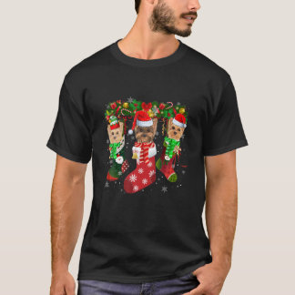 Camiseta Três Yorkies em Sock Christmas Cute Santa Hat