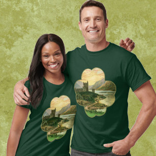 Camiseta Trevo da Sorte Dourado Vintage com um Castelo Irla