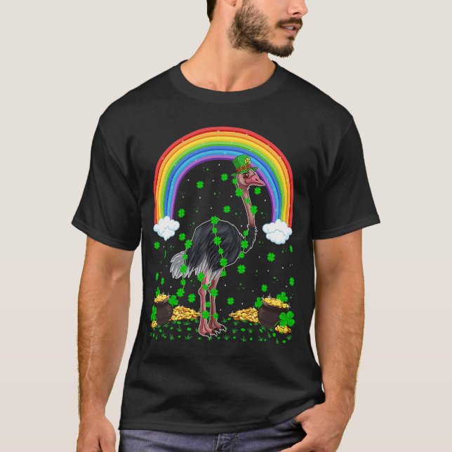 Camiseta Trevo Irlandês Arco-íris Avestruz Pássaro Dia de S (Frente)