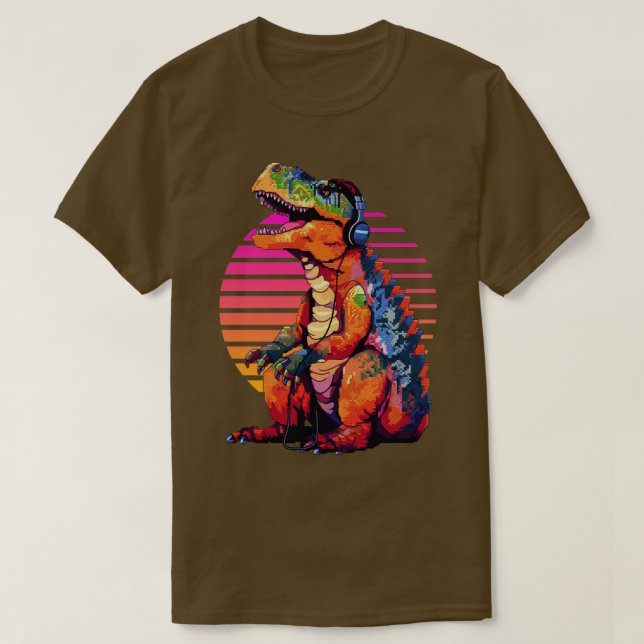 Camiseta Trex com fones de ouvido retro-art8 (Frente do Design)