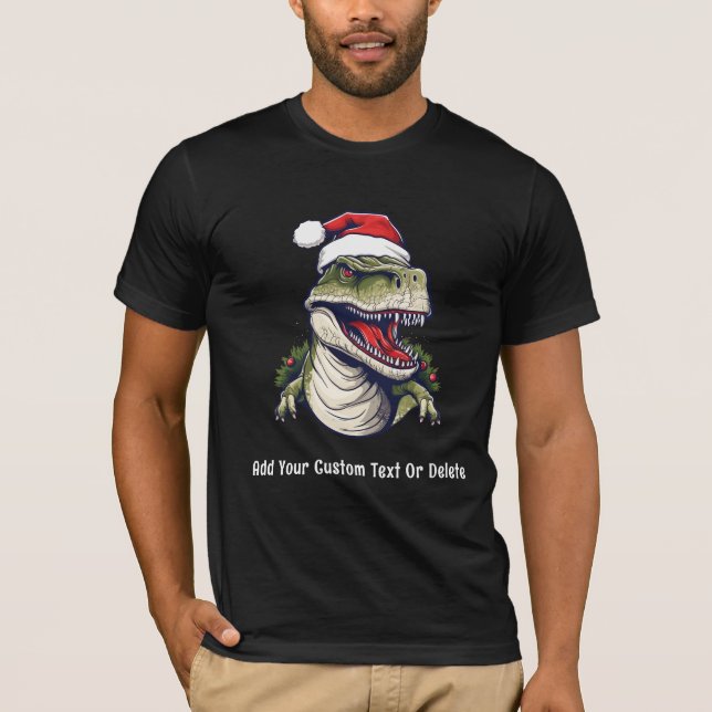 Camiseta Trex Dinosaur Santa Hat Festa de Natal (Frente)