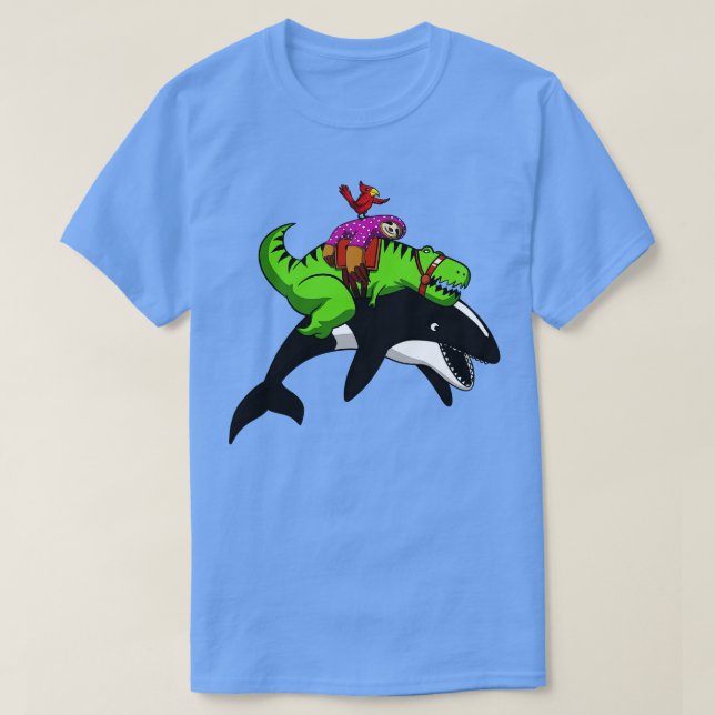 Camiseta TRex Dinossaur Sloth Riding Orca Whale (Frente do Design)