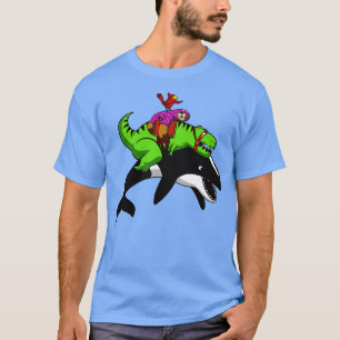 Camiseta TRex Dinossaur Sloth Riding Orca Whale