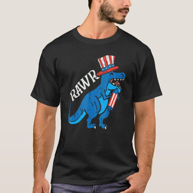 Camiseta Trex Rawr Us Flag Hat Firecracker Dino 4 De Julho (Frente)